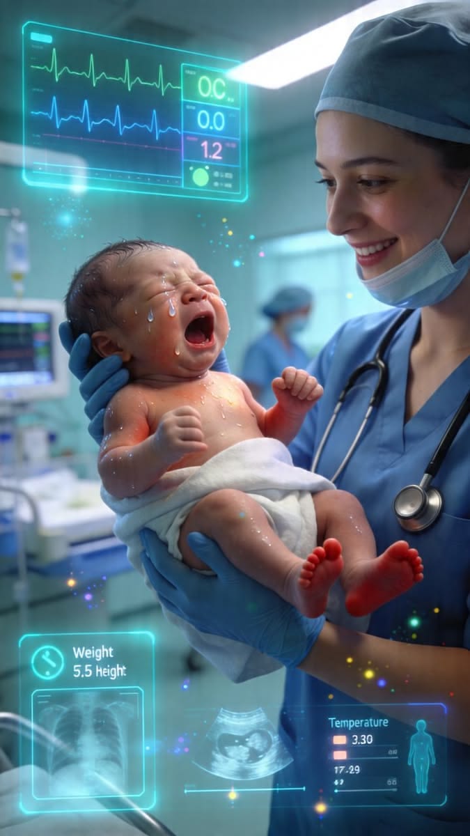 Lady doctor caring for newborn baby at Nandani Hospital